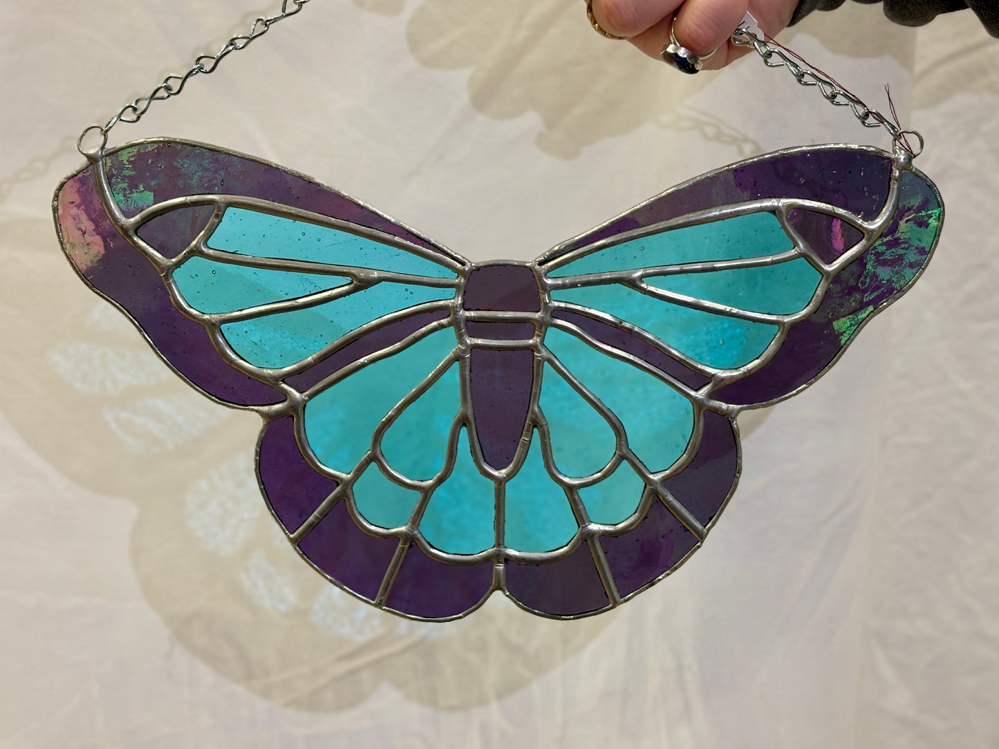 Iridescent Blue and Purple Butterfly - Stained Glass Hanging Panel