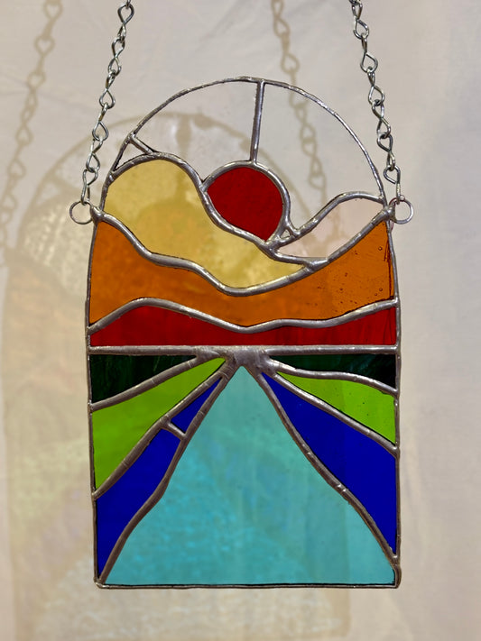 Sunset Landscape Stained Glass Hanging Panel